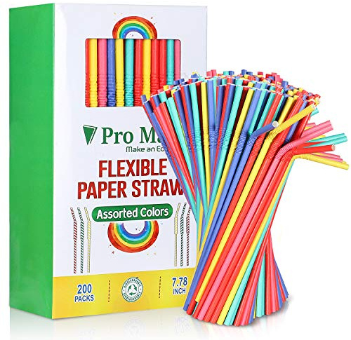 Pro Mael Paper Drinking Straws, Flexible Straws for Juices, Shakes, Smoothies, Disposable Straw for Birthdays, Weddings & Party (200 Pack, 5 Colors)