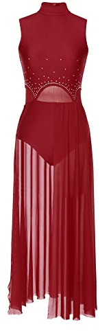 iEFiEL Damen Tanzkleid mit Strass Mesh Ballettkleid Ballett Trikotanzug Jumpsuit Tanzbody Overall Gymnastik Tanzkostüm Wettbewerb Burgundy S