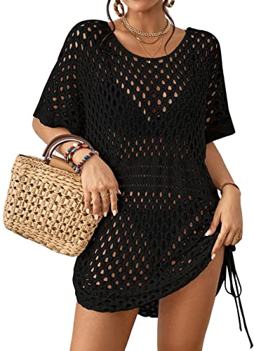 Bsubseach Vestido Crochet de Punto Calado para Mujer Traje de baño Cover Up Ropa de Playa con Cordón de Ajuste