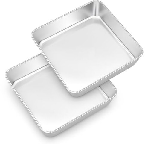 Onader Lot de 2 moules à gâteau carrés en acier inoxydable - 20 x 20 x 5 cm - Parfait pour brownie/lasagne/gâteau - Non toxique - Passe au lave-vaisselle
