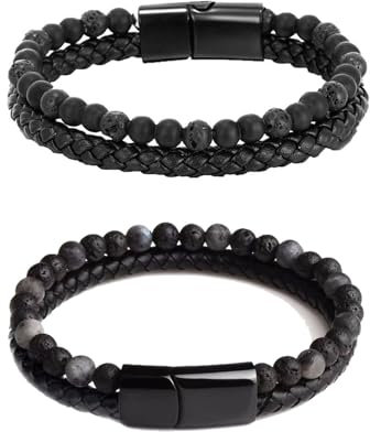 ARTSIM Natürliche Achat Stein Leder Perlen Armband, Herren Lederarmband für Männer Frauen natürliche verstellbare Magnetverschluss Armband, Dad Schmuck für Männer (C-21cm)