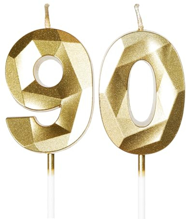mciskin Gold 90th Birthday Candles, 3D Number 90 Candles for Cake, Women Men 90th Birthday Decorations,Pearl Gold Candle Cake Topper Decorations for Birthday Party Weddings Anniversary Supplies
