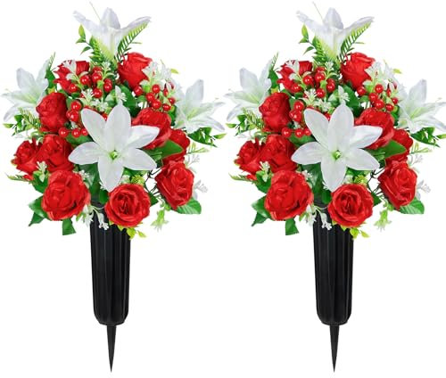 Velibobo Lot de 2 fleurs artificielles pour tombe - 18 têtes de fleurs funéraires - Bouquet de roses funéraires avec vases pour décoration de tombe en extérieur