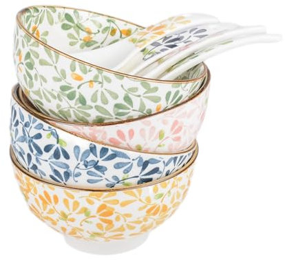 Henrrida Cereal Bowls Set of 4,4.75 Inch Ceramic Japanese Style Small Soup Dessert Bowls with Spoons Dishwasher and Microwave Safe Serving Bowls for Soup, Dessert, Snack, Porridge, Rice