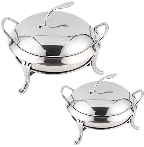 Chafing Disk Bufféset, Chafing Disk Set om 2 st. Runda bufféservrar i rostfritt stål med matpanna, bränslehållare och lock for restaurangfester bröllop (Enfärgad, 18cm)