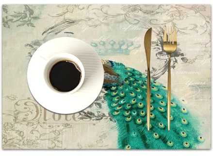 DASNK Table Mats Set of 4 Woven Vinyl Place Mats for Dinner Table Washable & Durable Indoor/Outdoor Use Table Accessories,Bird art, Peacock art, Art,12x18in
