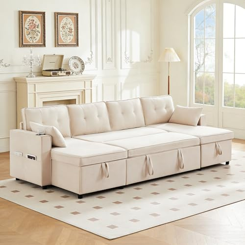 Sofá en U con portavasos y 2 Compartimentos de Almacenamiento,Sofá de 4 plazas con función de Cama,Sofá Modular con 2 Chaise Longues,Sofá de 4 plazas con Bolsillo Lateral,Algodón y Lino,Beige