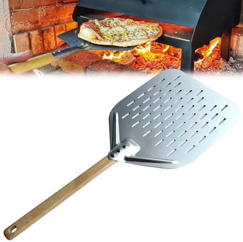 Pizzaspade, perforerad, 30 x 30 x 2 cm, perforerad hårdanodiserad aluminium, perforerad, med anti-skållhandtag för pizza, bröd, hemlagad tårta, 30 x 30 x 2 cm