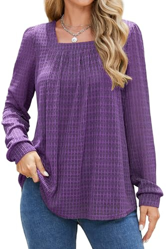 Enmain - Blusas de manga larga para mujer, túnicas casuales con cuello cuadrado, blusas de doble capa, camisa de túnica, Morado (, XXL