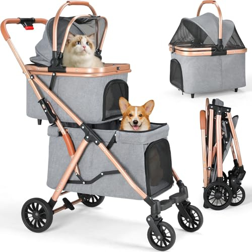 MAMIZO Cochecito para Mascotas 2 Niveles, Plegable Carrito para Mascotas de Hasta 15 kg, Carrito de 2 Niveles para Perros Gatos con Ventanas de Malla Portavasos y 4 PCS Ruedas PU (Gris)