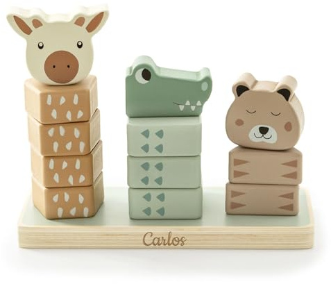 GRAVURZEILE Torre apilable grabada de animales de la selva – Jungle Jambo – Personalizado con nombre – Juguete infantil de madera – Expositor con 3 torres apilables de madera – Regalo para niños y