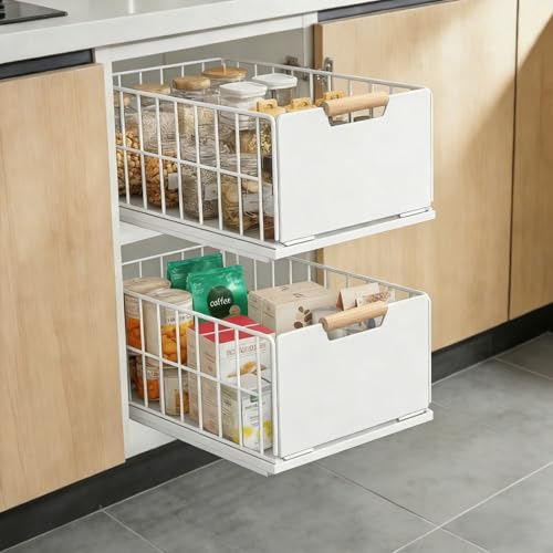 2 Piezas Cajones extraibles para Cocina, rganizador de telescopico cajones tallering con guías para cajones y manija de madera, cajón extraíble de metal Cocina - 40 L x 25 W x 18 H CM