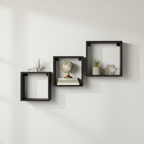 INDE MOBLEKIT | Set 3 Estanterías Flotantes Cuadradas Negras 30x27x24 cm, Baldas Flotantes Pared sin Agujeros de Madera, Estantería Negra Moderna, Repisas Decorativas para Estanteria Pared