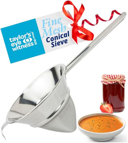 Large Professional Conical Sieve/Passing Strainer - Robust 24cm Rounded Handle, Stainless Steel Fine Mesh. Use This Bouillon/Chinois To Make Silky Smooth Soups, Jams And Stocks. By Taylors Eye Witness