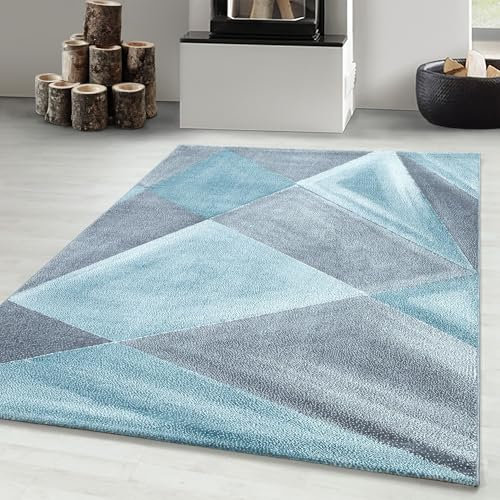 Carpetsale24 Designer Teppich Modern Abstrakt Gemustert – Grau und Blau – Wohnzimmerteppich für modernen Stil und Komfort, Größe 200x290 cm – Pflegeleicht, Weicher Flor, Ideal für Wohnzimmer