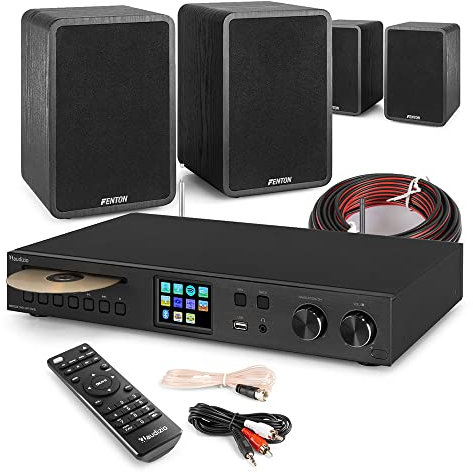 Audizio HiFi Bookshelf Audio System with 4x SHFB65 6.5-Inch Speakers & Brescia WiFi Amplifier – Bluetooth, Spotify Connect, CD Player, USB MP3, DAB+ Radio, Home Stereo System