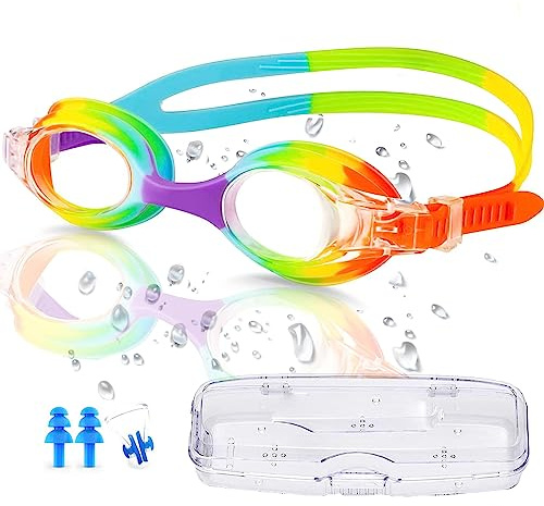 CYCFMYYLY Kids Swimming Goggles, Goggles 6-14, Anti-Fog No Leak Proof Uv Resist Girls Colorful Boys Food Grade Silicone Comfort with Nose Clip(Age 3-14)
