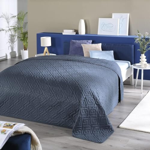 Delindo Lifestyle Tagesdecke Bettüberwurf Premium blau, für Einzelbett, einfarbig für Schlafzimmer, 140x210 cm