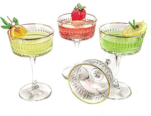GOSOYO Vintage Coupé Gläser mit Goldrand, 4er Set, 260 ml/8,8 Unzen, Rotweingläser und Weißweingläser, Champagner, Cocktail, Martini, Weingläser, Gin und Prosecco Glas, Sektschalen