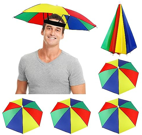 RAKUTE 5 Pezzi Cappello Ombrello, Pieghevole Cappello Ombrello Parasole con Fascia Elastica，Colorata Arcobaleno Ombrello da Testa per Pesca, Trekking, Spiaggia all'Aperto per Bambini, Donne e Uomini