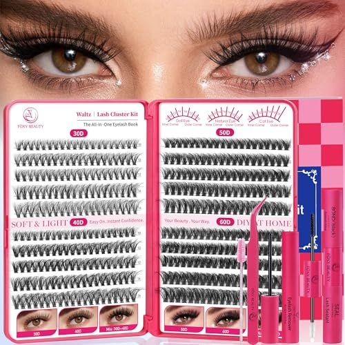 Waltz Lash Clusters Kit Lash Clusters Lashes D Curl Eyelash Clusters Natural Lash Extension Kit Fluffy False Eyelashes DIY at Home with Bond and Seal