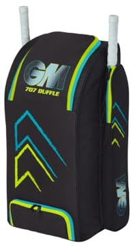 Gunn & Moore GM Cricket duffelväska | 707 | Två fullstora fladdermusfickor | Skotunnel | Tough 600 Denier Polyester | Medium - 85 liter | Svart, Cyan & Fluro, Svart/cyan/fluoro, Medium - 85 Litres,