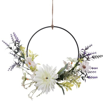 Corona de puerta, corona para puerta todo el año, flores artificiales, lavanda, corona de bienvenida, anillo de metal para corona de Pascua, decoración de pared floral, boda (B)