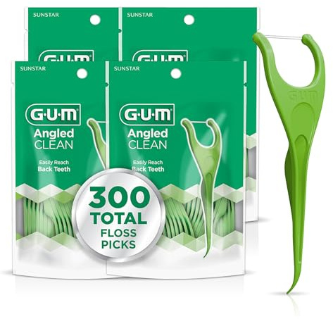 GUM Angled Floss Picks, Perfect for Tight Teeth, Extra Strong Shred-Resistant Dental Floss, Angled for Easy Reach, Dental Flossers for Adults, Fresh Mint Flavor, 75 Count (Pack of 4) 300 Total