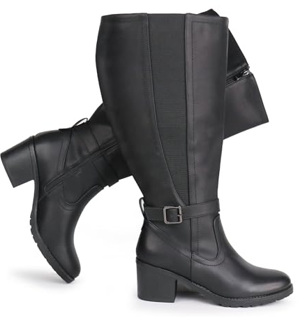Chicblooms Botas altas hasta la rodilla con cremallera lateral y panel elástico de pantorrilla extra ancha para mujer con tacón de bloque