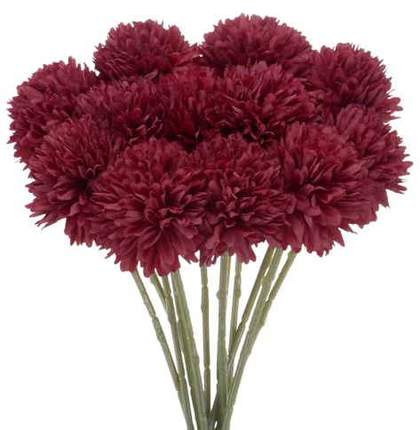 M METERXITY 12-pack konstgjorda krysantemumbollblommor, 28 cm falska krysantemum silkesbuketter Real Touch falska blommor för hem/bröllop/jul/fest [vinröd]