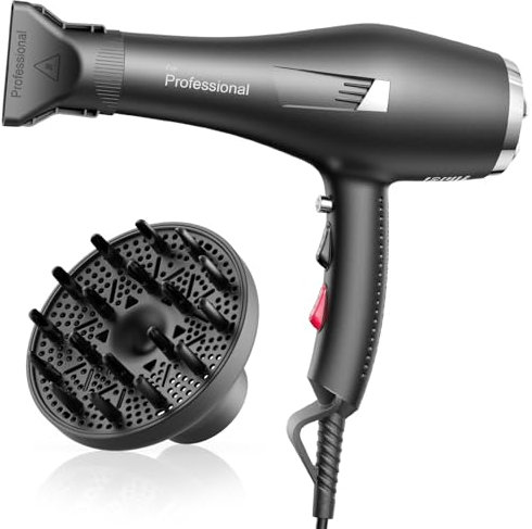 HappyGoo Föhn Ionen Profi Fön Haartrockner Hair Dryer Haarföhn mit 1 Diffusor 2 Stylingdüse, 3 Heiz und 2 Geschwindigkeitsstufen, 2,5 Meter langes Netzkabel, Starker Fön für Familie (Schwarz)