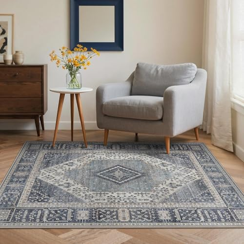 GENIMO Boho Vintage Wohnzimmer Teppich 120x170CM, Waschbar rutschfest Kurzflor Carpet für Schlafzimmer, Esszimmer oder Büro, Stilvoller Teppich