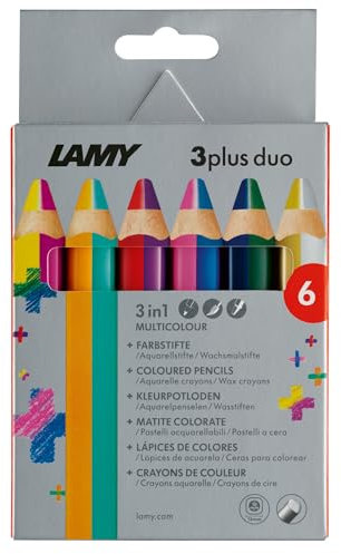 Lamy Färgpenna 3 plus duo vikbox set om 6 – färg, akvarell- och vaxkrita i ett – tillverkat av massivt lindträ med ergonomisk fyrkantig form – tjocklek stift Ø 10 mm