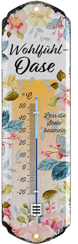 LANOLU Retro Therometer WOHLFÜHL-OASE Lieblingsplatz Blechschild Garten außen - Balkon Deko Garten Vintage Schilder aus Metall Wanddeko 8x28cm