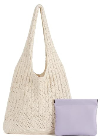 YDAKGUEY 2 stycken beige virkade väskor och kosmetikväskor, strandväska dam sommar boho stickad väska strandväska, nät strandväska för vardag, shopping och semester