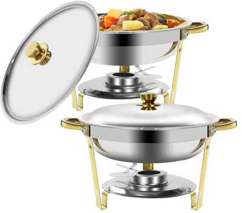 EVGTTI Chafing Dish Buffet Set, 2 Pack 5L Round Chafing Dishes & Food Warmers, Gold Chafing Dishe for Buffet, Stainless Steel Chafer for Catering, Food Warmers for Any Partie