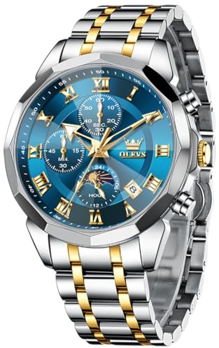 OLEVS Montre Homme Quartz Luxe Business Multifonction Chronographe Phase de Lune Étancheoir Cadran Noir Acier Inoxydable Bracelet Montre