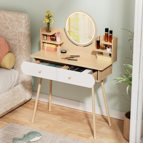 Sminkbord med LED-lampor och spegel, vitt toalettbord med 2 lådor, förvaringshyllor, justerbar ljusstyrka för sovrum, perfekt sminkbord med stol och upplyst spegel, träfärg L