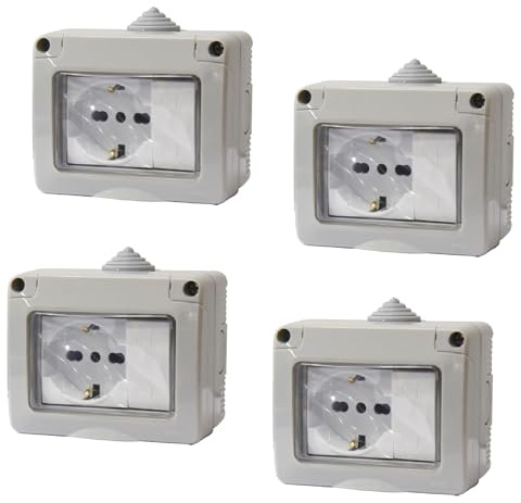 4 Kit Cassetta Elettrica IP55 Con Sportellino, 3 Moduli Presa Schuko P40 10/16A + Interruttore, Kit Scatola Elettrica Pronta, Montaggio Da Muro Parete Esterno