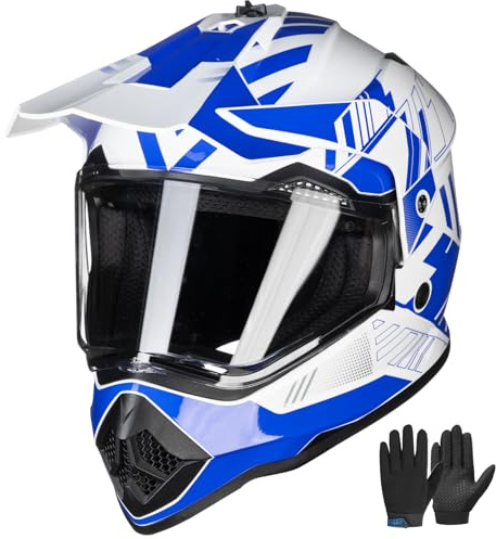 ILM Casco Moto Niños y Niñas Motocross con Visera Guantes ATV Off Road Go Kart ECE22.06 Dot Modelo WS-906,Azul Blanco,L
