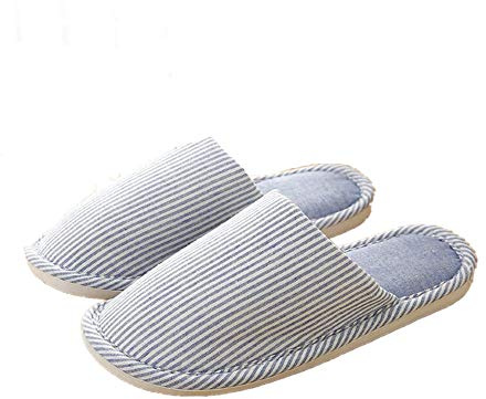 Tiger007 Women's Striped Linen Comfortable Non-Slip Cotton Slippers, Closed Toe Spa Slippers, Washable (8-9, Blue)