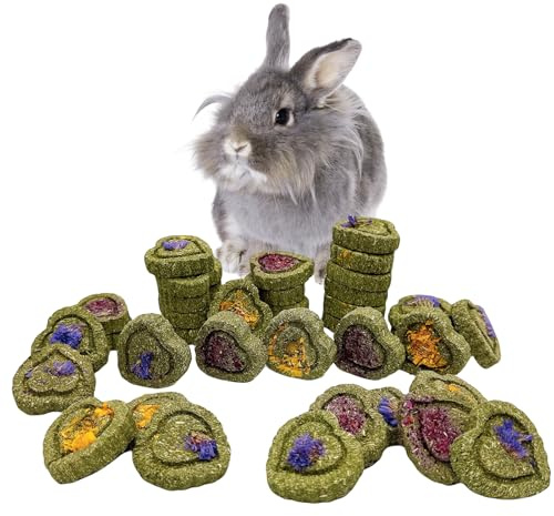 Hamiledyi 36Pcs Bunny Chew Toys,Natural Timothy Hay Handmade Grass Cakes Molar Treats for Bunny Chinchilla Guinea Pig Dwarf Rabbit Improves Teeth Health