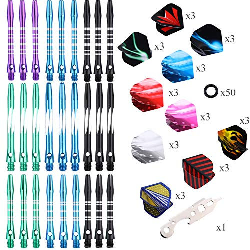 sanfeng Aluminum Dart Shafts Medium Short 45mm/38mm - 9 Sets 27 pcs Dart Stems Accessories + 30 Flights + 50 Rubber O-rings + 1 Dart Wrench for Steel Tip Soft Tip Darts 2BA Universal