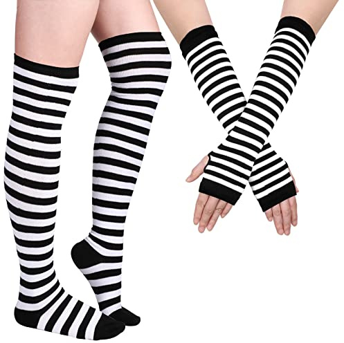 Blulu Chaussettes Hautes Rayées Gants Longs Rayés Bas à Rayures Mitaines Rayées sans Doigts pour Femme Fille