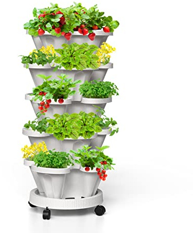 Tectsia Macetas Verticales de Fresa, Torre apilable de 5 Niveles, macetas apilables para Hierbas y Verduras con Ruedas móviles y platillo Inferior para Interiores y Exteriores, Color Blanco