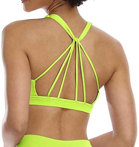 icyzone Womens Sports Bra Strappy Comfy Athletic Yoga Workout Bra with Removable Padded (L, Neon Yellow)