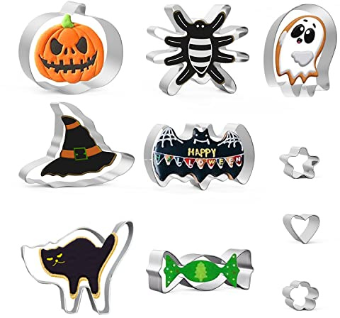 Halloween Cookie Cutters Set,10 Pieces Stainless Steel Mold Biscuit Cutters | for Baking-Pumpkin, Ghost, Witch Hat, Spider, Cat, Bat, Star, Flower and Heart