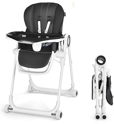 COSTWAY Faltbarer Babyhochstuhl, Esszimmerstuhl für Kinder 6-36 Monate mit 6 verstellbaren Höhen & 3-stufig Rückenlehne & 4-stufig Fußstütze, Kinderhochstuhl mit 4 Rädern, bis 15kg belastbar(Schwarz)
