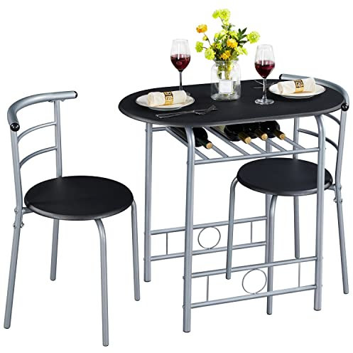 Yaheetech Juego Mesa de Cocina con 2 Sillas de Comedor Conjuntos de Mueble de 3 Piezas con Vino Estante Negro