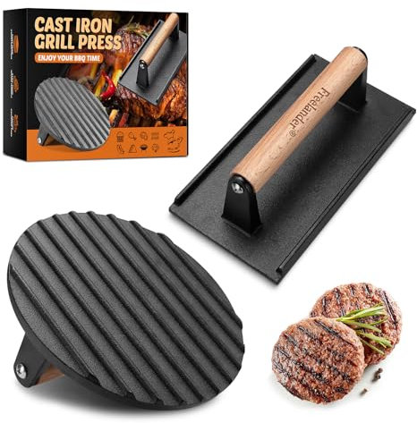 Freelander Burgerpresse Gusseisen, Burger Smasher Set mit Runde (Ø 17.6cm) und Rechteckige (20.5cm), Grillpresse mit Hitzeresistentem Griff, Groß Hamburgerpresse für BBQ, Steak, Sandwiches